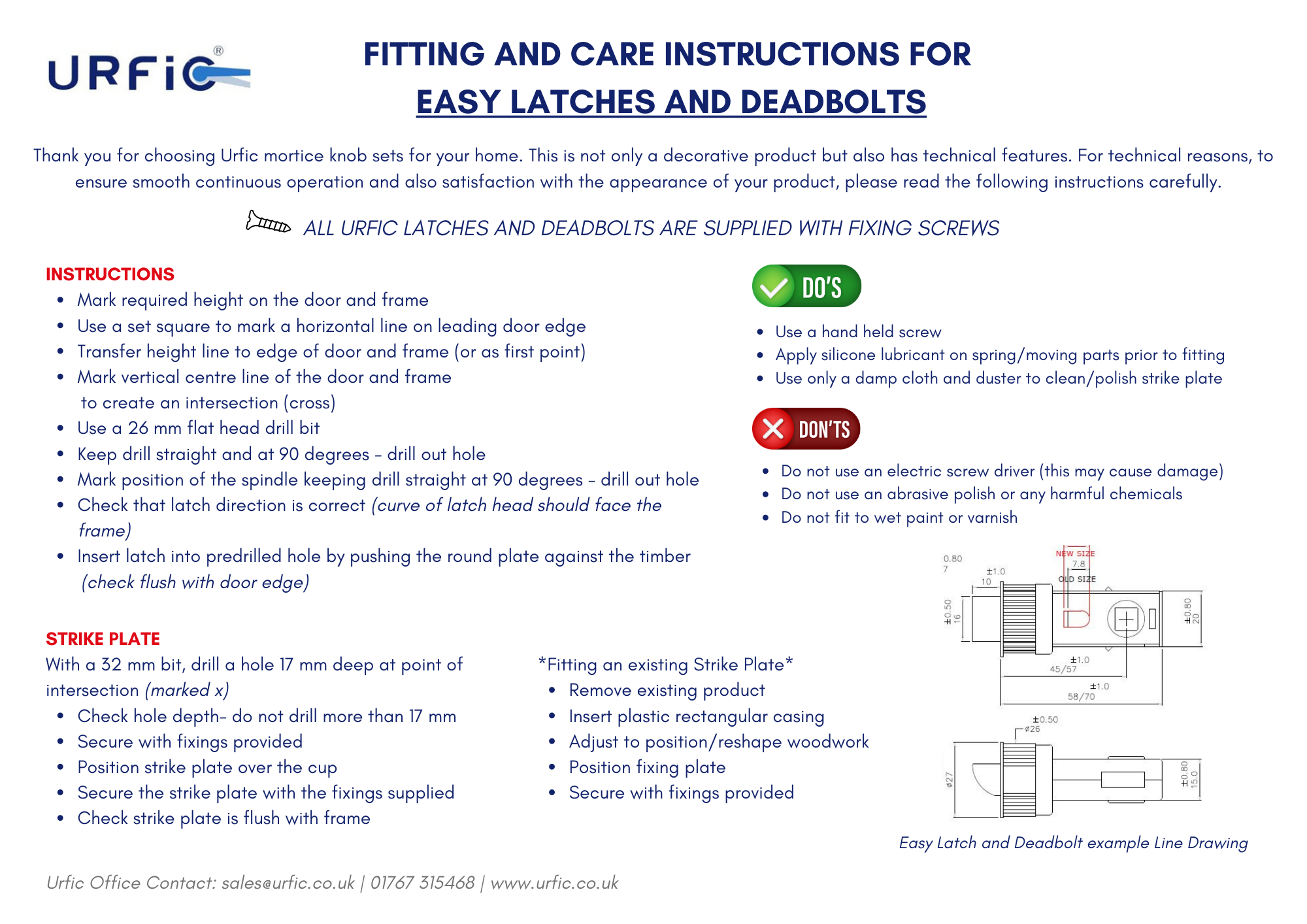 Urfic Easy Latch Tubular PushFit Latch 64mm Case 45mm Backset